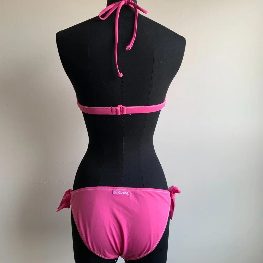 Billabong BLUE CRUSH era Vintage bikini solid pink halter top set RARE - Picture 2 of 8
